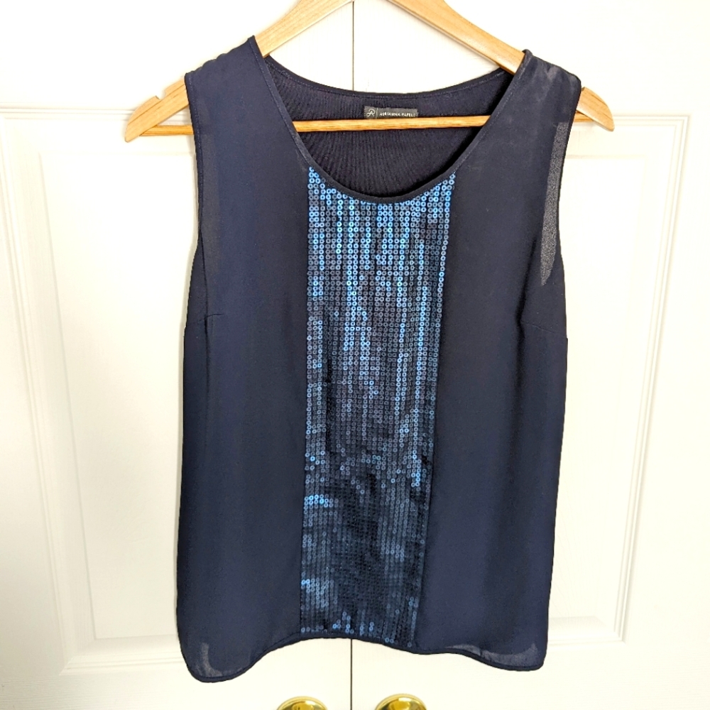 Adrianna Papell women's Navy blue sleeveless top blouse sequins, size M